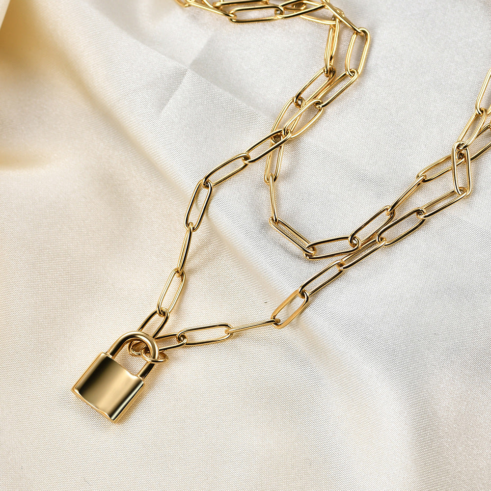 Wholesale Stainless Steel Flat Long O-chain Lock Pendant Double Layer Necklace