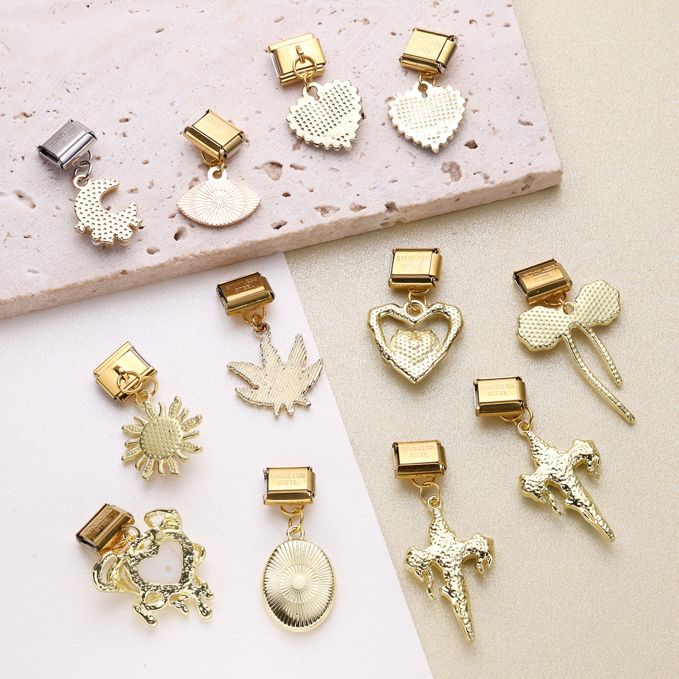 Wholesale 10pcs Italian Charm Bracelet 9mm DIY Splicing Gold Cherry Cross Stainless Steel Composable Bracelet