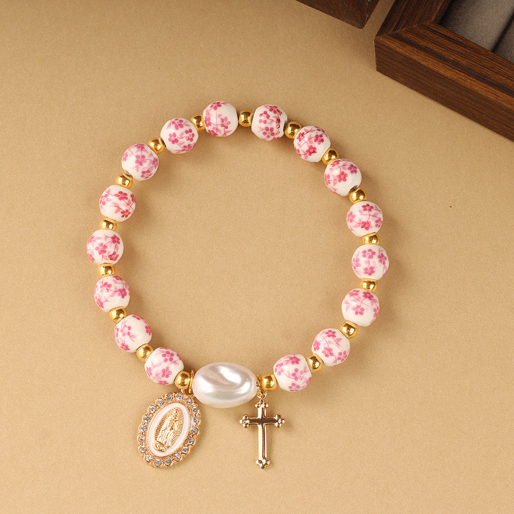 Wholesale 2PCS Blue and white porcelain ceramic man-made pearl cross bracelet