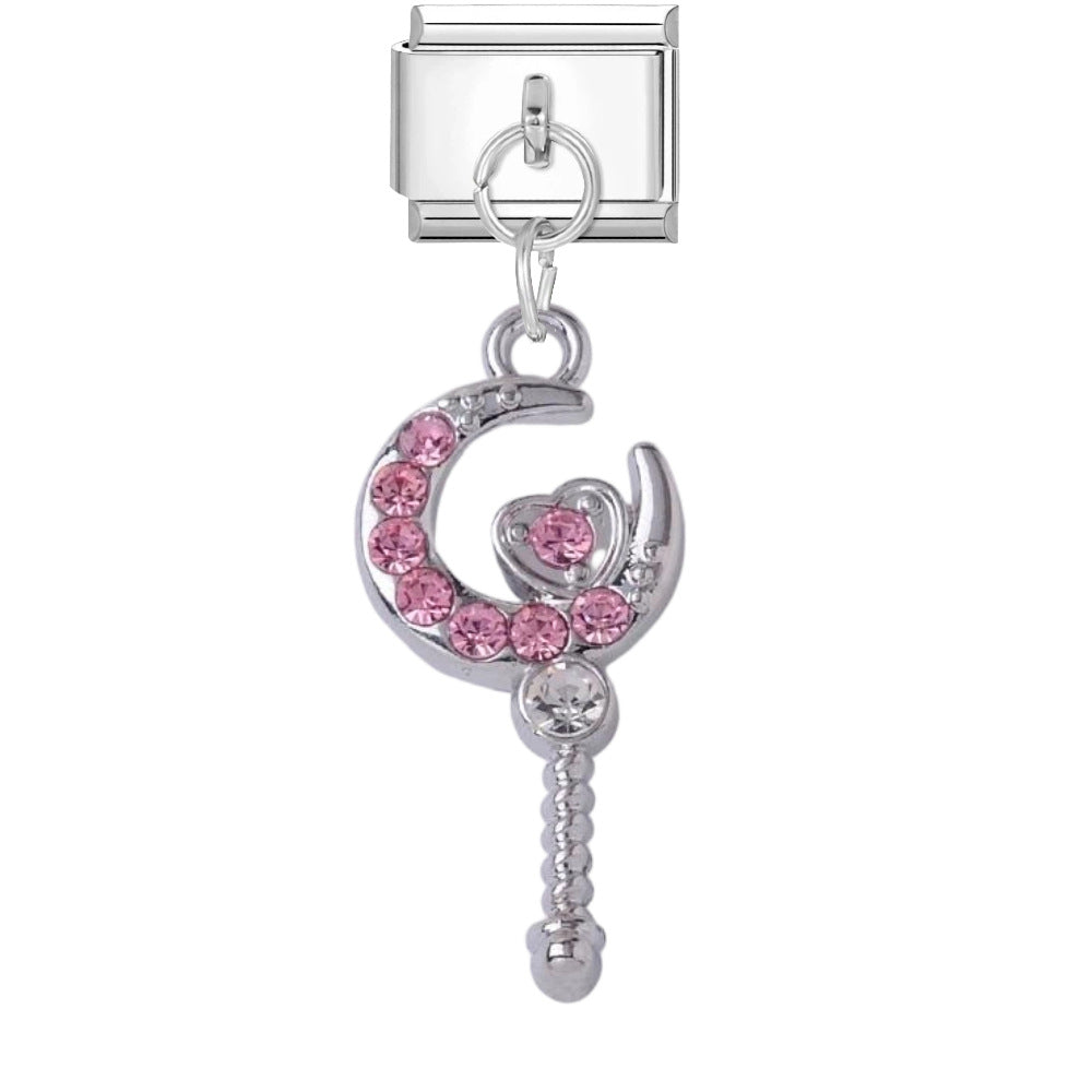 Wholesale DIY Bracelet Charms Pink Crystal Heart Wand Pendant Silver Edge Titanium Steel Jewelry Accessory For Casual Gift