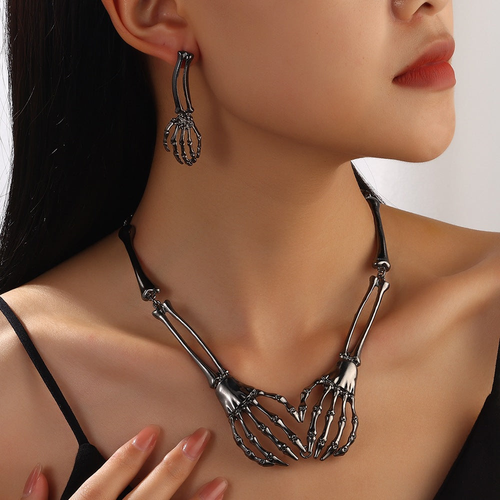 Wholesale Silver Tone Skeleton Hand Necklace and Earrings Set  Fashion Jewelry Accessory