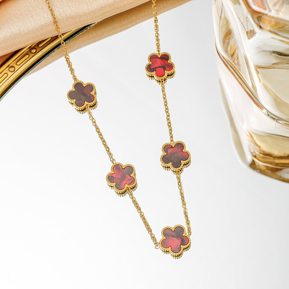 Wholesale Five Leaf Clover Pendant Necklace Pink Gradient Stainless Steel Jewelry Accessory