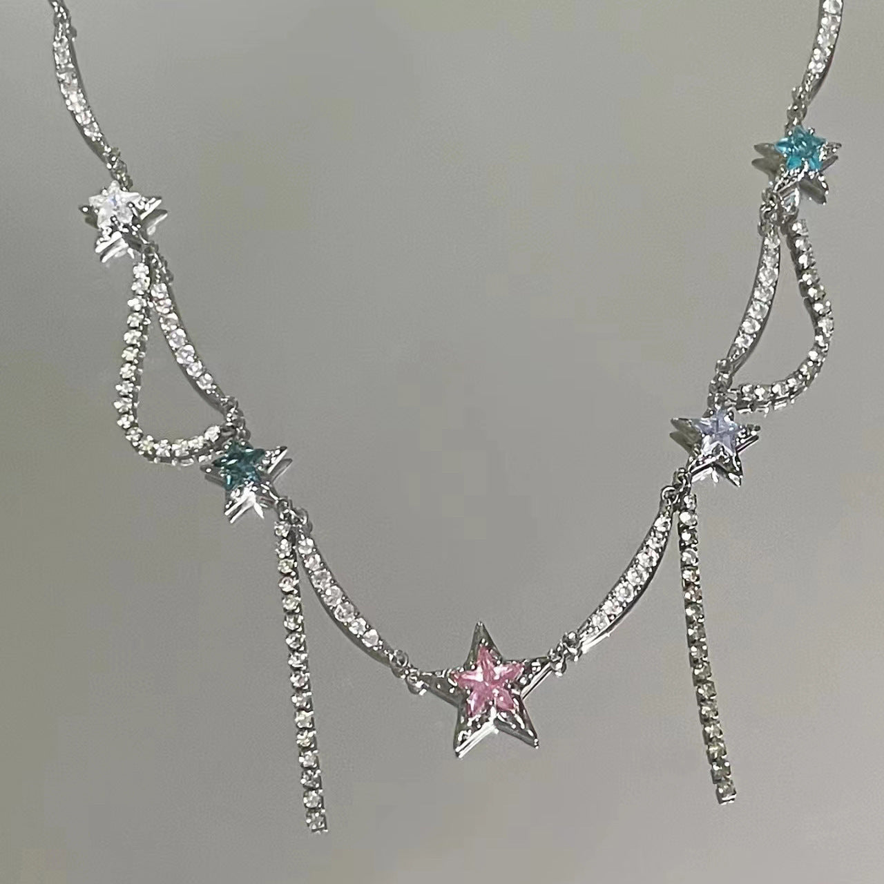 Wholesale Colorful zircon star long tassel necklace