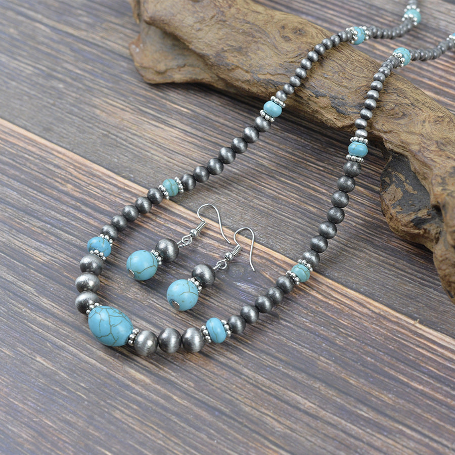 Wholesale Bohemian Vintage Turquoise Beaded Necklace Earring Set Antique Silver Tone Zinc Alloy Boutique Resale Jewelry Accessory