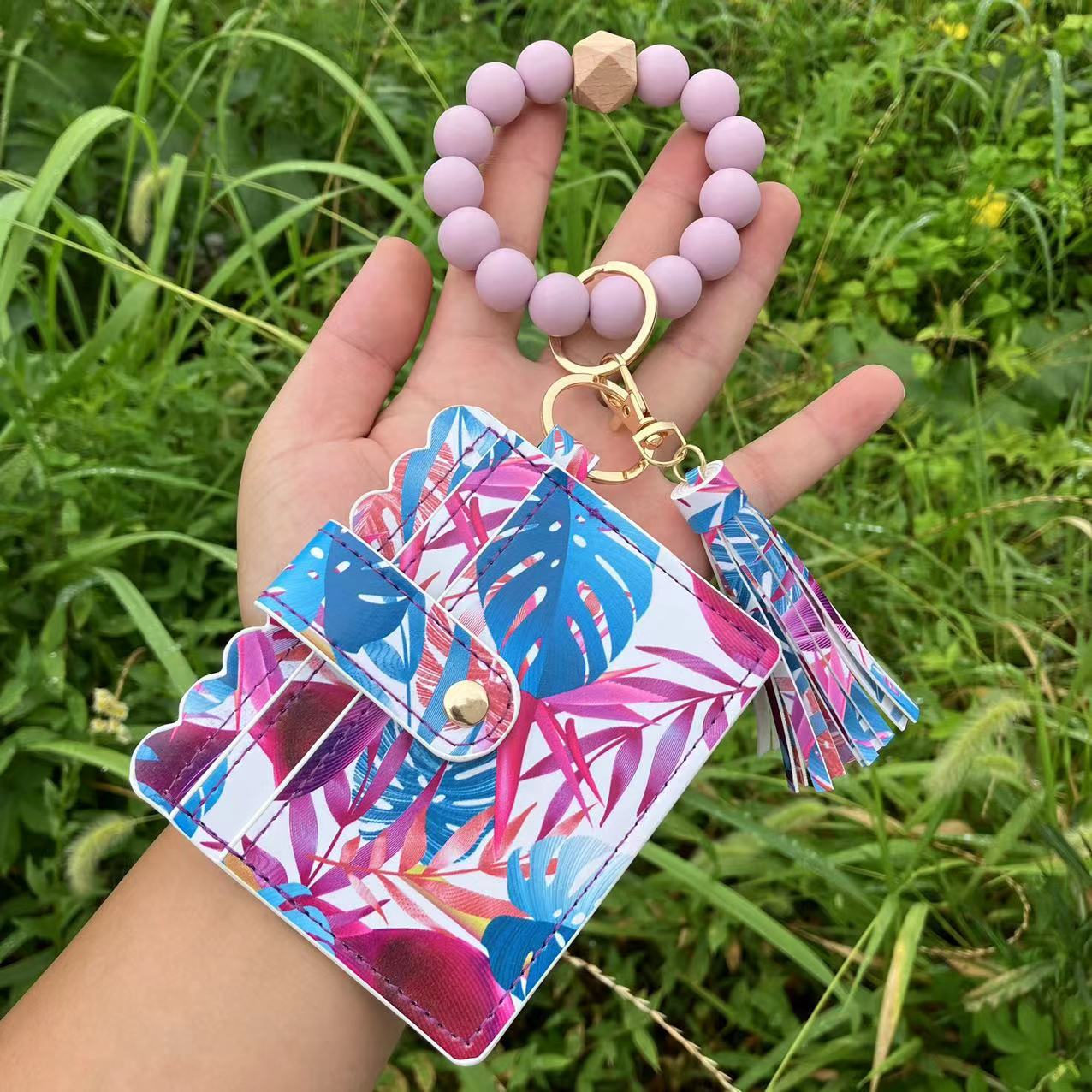 Wholesale Leopard Plaid Butterfly Card Holder Silicone Beaded Wristlet Keychain ACC-KC-QiuXue012