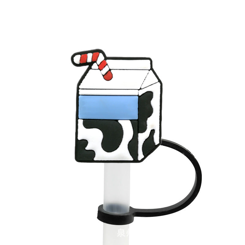 Wholesale 10PCS 7-8mm Cartoon Cow Milk Box Silicone Dustproof Straw Stopper Straw Tube Cap