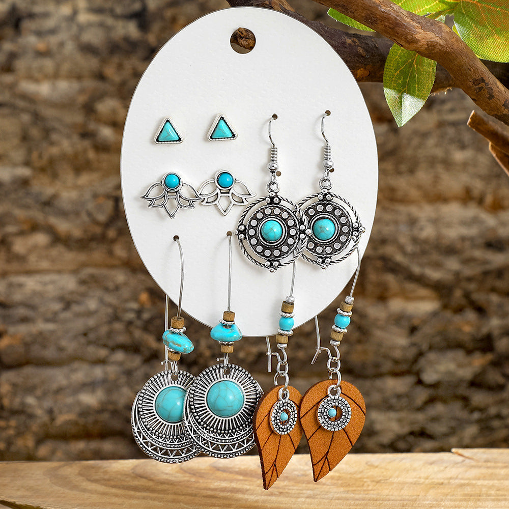 Wholesale Turquoise Tassel Earrings Set - Bohemian Ethnic Style