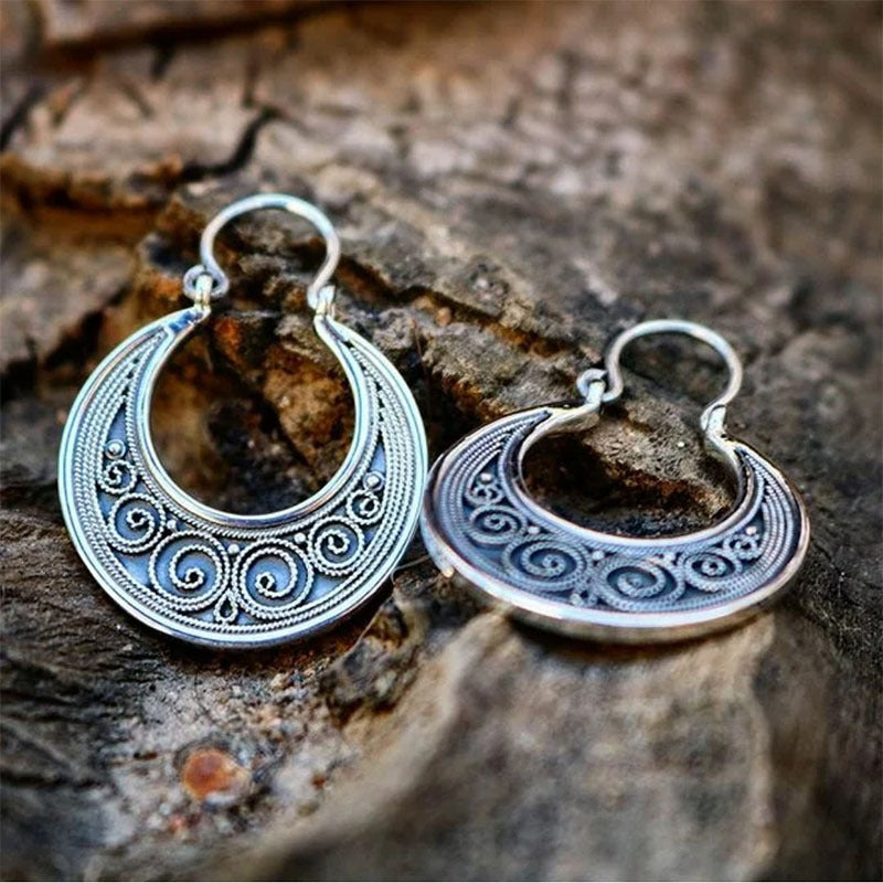Wholesale Geometric Gypsy Curved Metal Earrings Vintage Hollow Curly Ancient Silver Earrings
