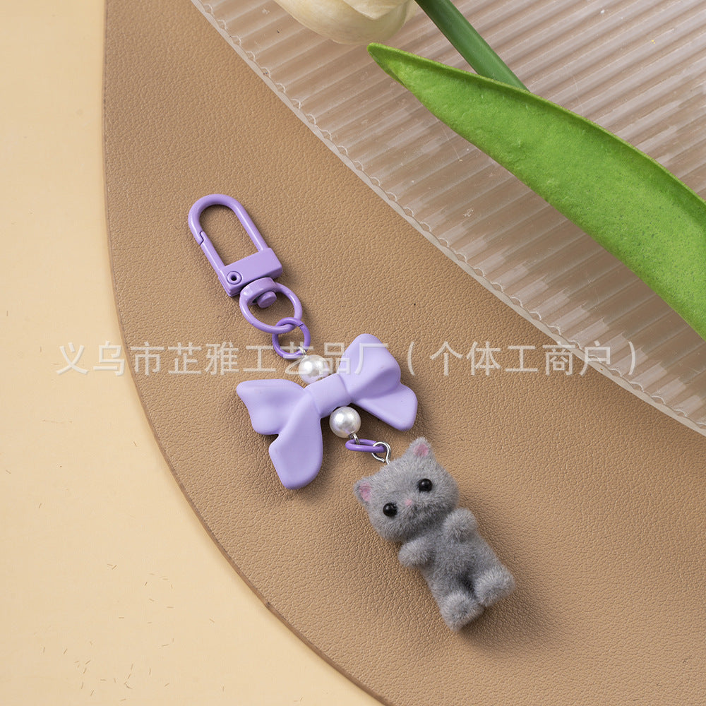 Wholesale Resin Flocking Cute Bow Three-dimensional Cat Keychain