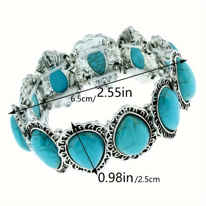 Wholesale Retro Love Pattern Turquoise Elastic Bracelet Zinc Alloy Electroplated Jewelry Accessory for Party Gift Boutique Resale