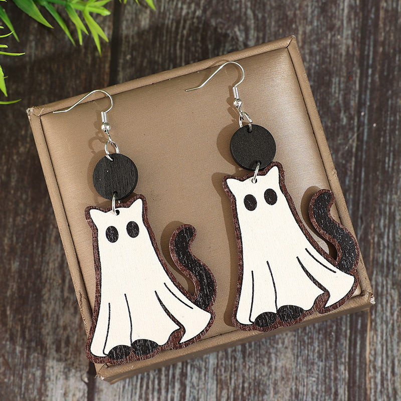 Wholesale  Cute Ghost Cat Wooden Earrings