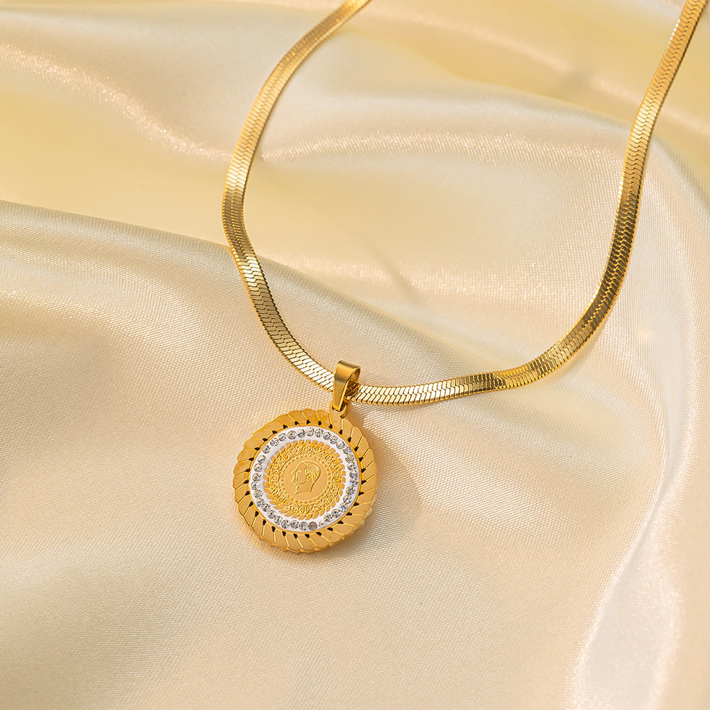 Wholesale Retro Printed Diamond Portrait Round Titanium Steel Necklaces Bracelet Earrings ACC-NE-Qiyun003