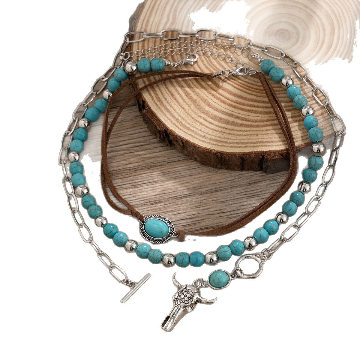 Wholesale Metal Bull Head Pendant Necklace Set with Natural Stone Accents,  Layered Chain,  Fashion Accessory for Women