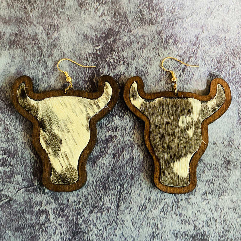 Wholesale retro genuine leather  Western cow head leopard print horse hair inlaid earrings