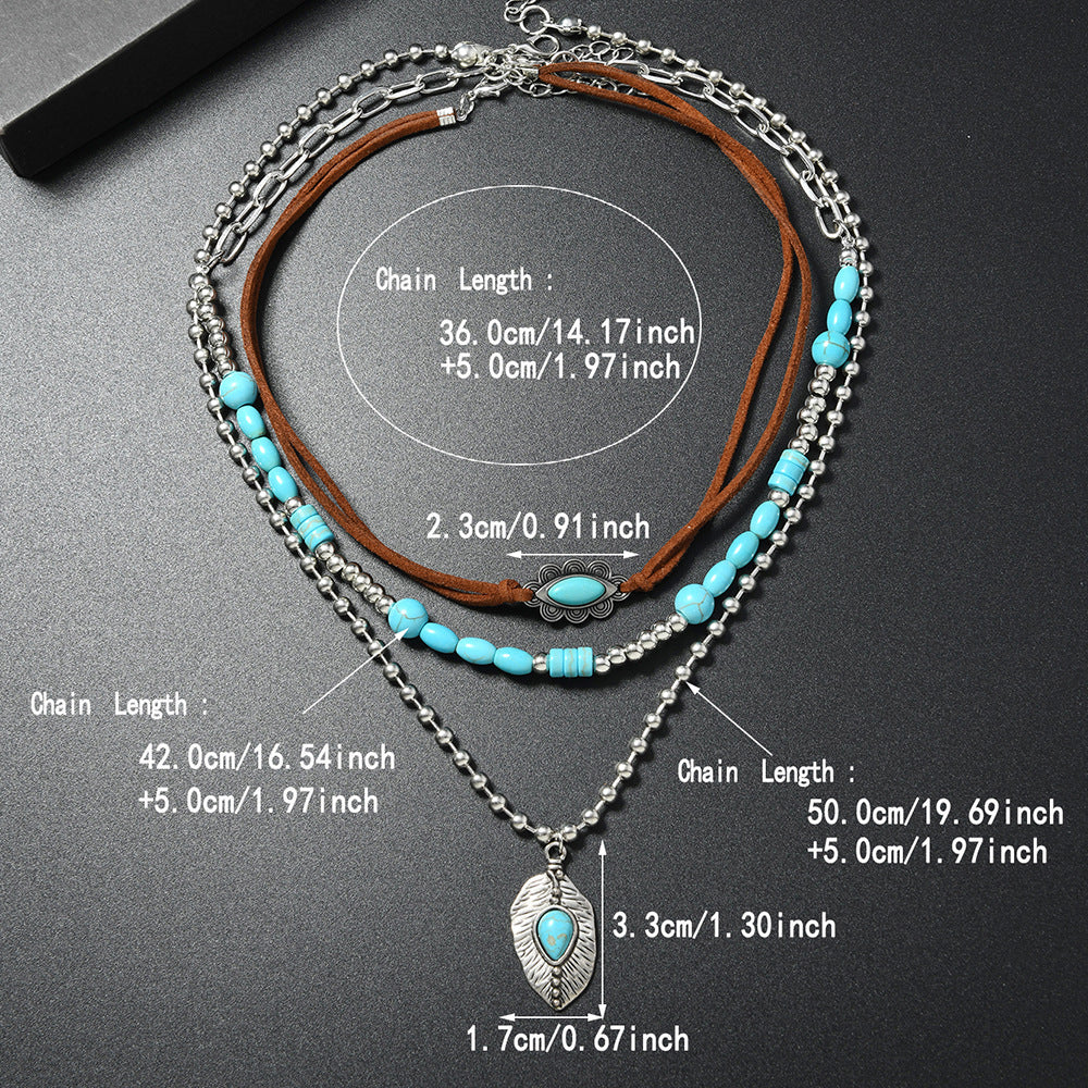 Wholesale Handmade Vintage Turquoise Multi Layer Necklace Set For Women Long Layered Sweater Chain Pendant Stylish Fashion Accessory Gift