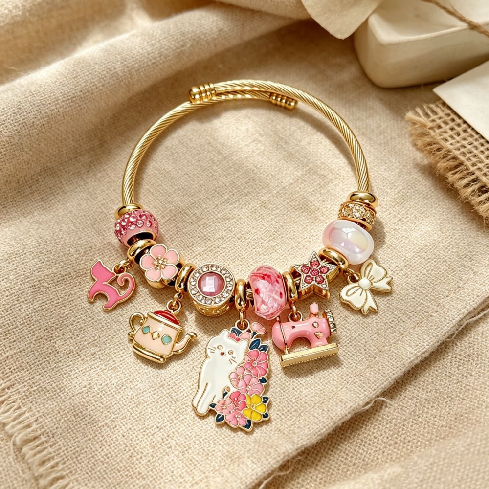 Wholesale Cute Cat Teapot Sewing Machine Charm Bracelet Stainless Steel Open Bangle Trendy Women Jewelry Accessory