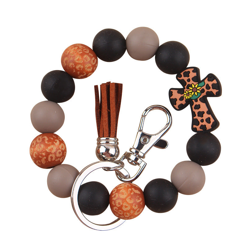 Wholesale New Silicone Beaded Keychain Pendant Leather Small Tassel Print Leopard Print Wooden Bead Bracelet Keychain Accessories ACC-KC-GuangTian036