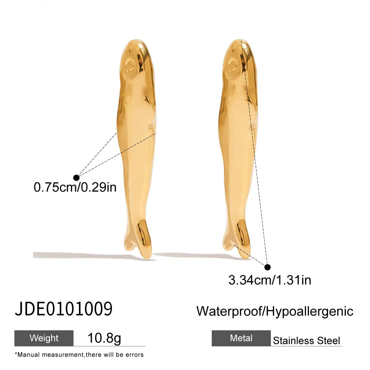 Wholesale 18k gold stainless steel hammered fish large earrings