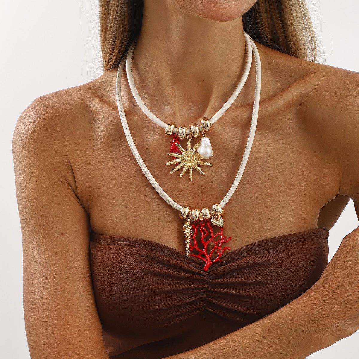 Wholesale Exaggerated Blood Coral Branch Sun Pendant Bohemian Leather Rope Necklace