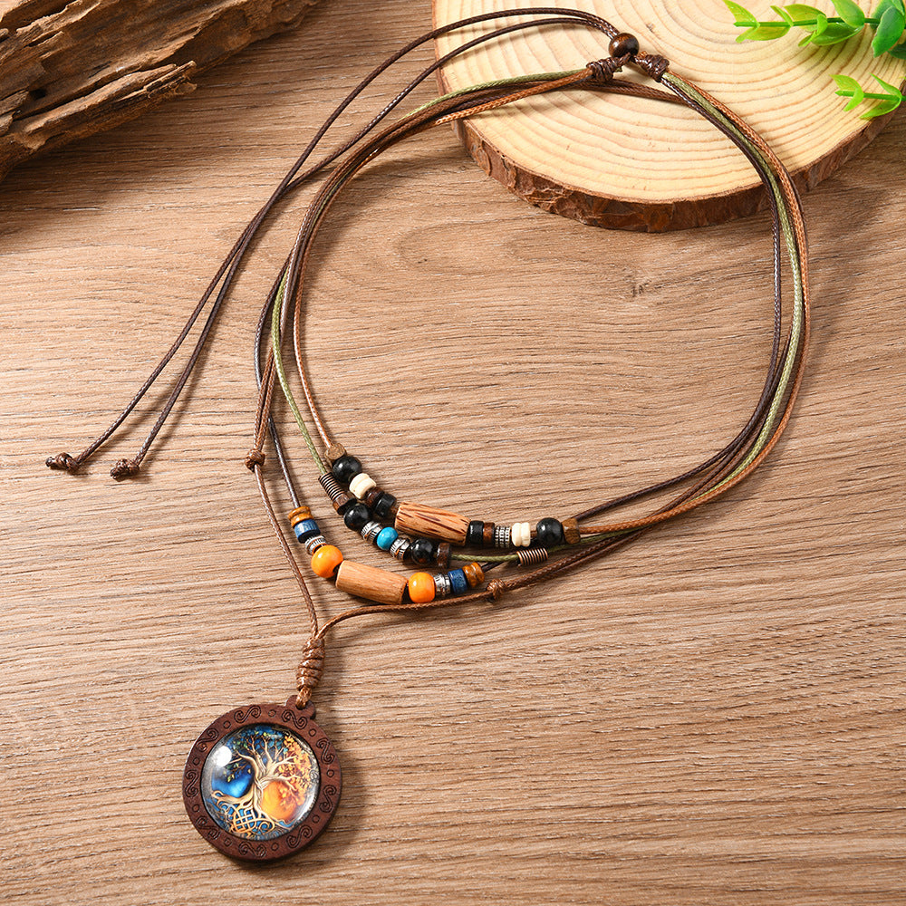 Wholesale Retro Men' s Knitted Layered Tree of Life Beaded Sweater Chain Set