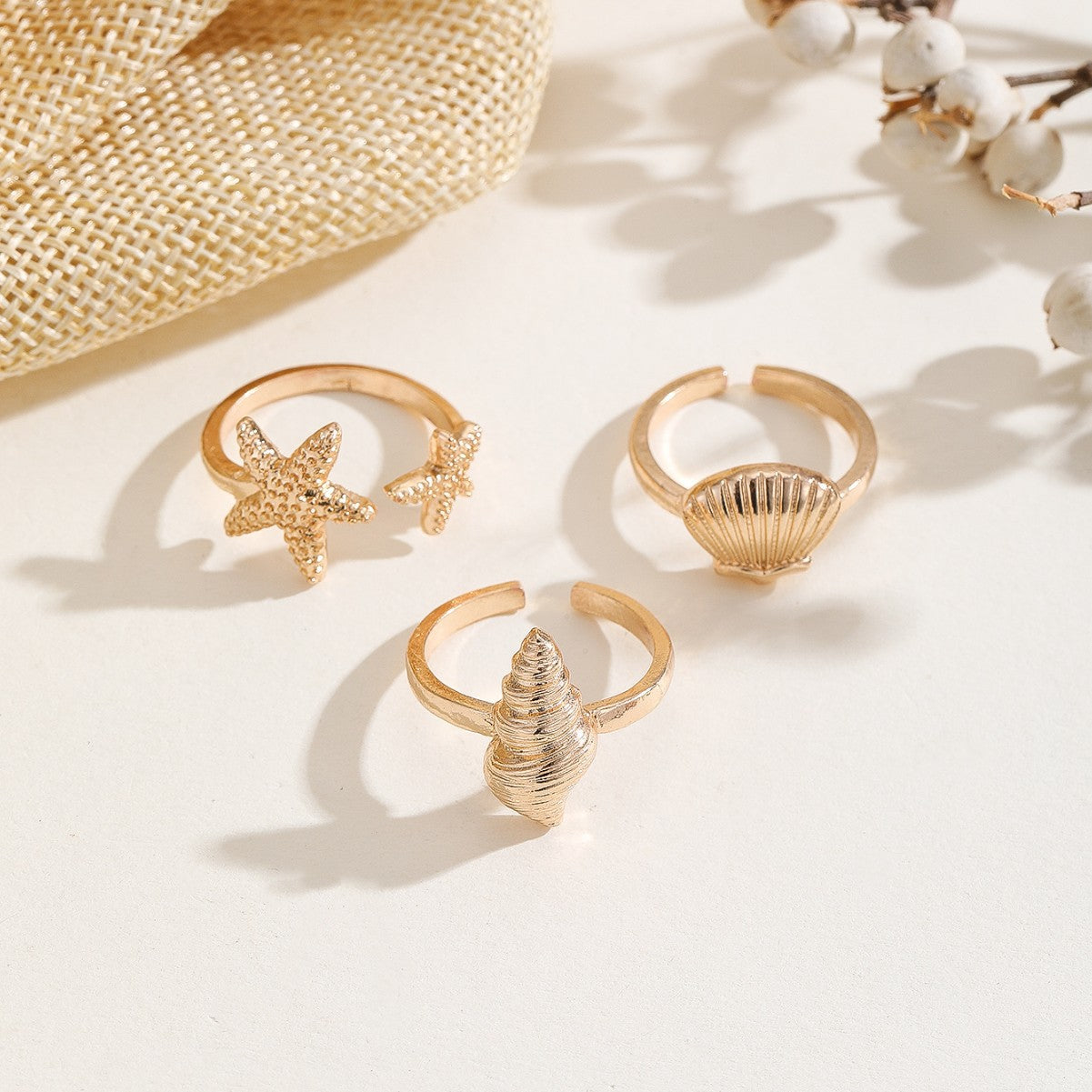Wholesale Women S Adjustable Starfish Seashell Open Ring Set Gold Electroplated Fashion Jewelry Gift