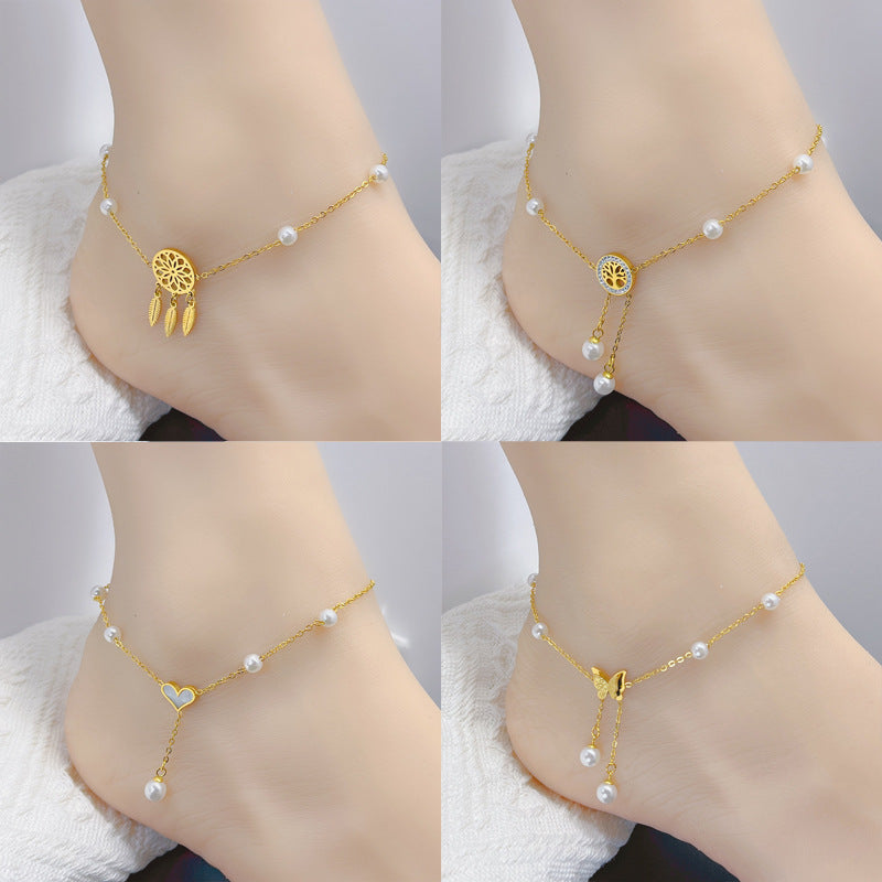 Wholesale Pearl Chain Butterfly Tassel Anklets ACC-AS-JinLang002