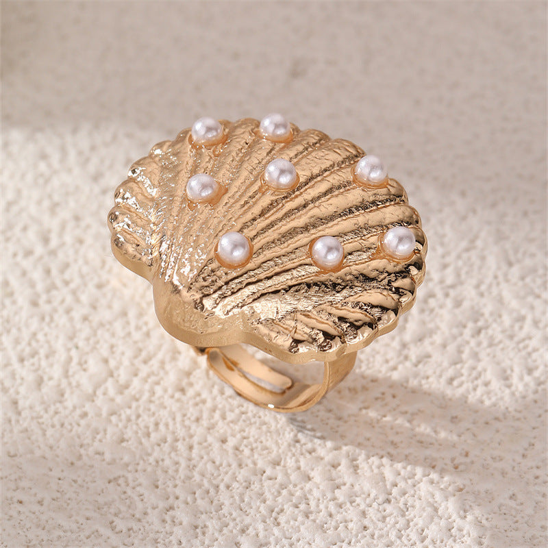 Wholesale Geometric flower pearl metal hollow ring