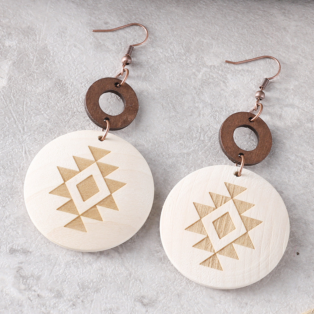 Wholesale Bohemian Cactus Sun Aztec Pattern Wood Earrings