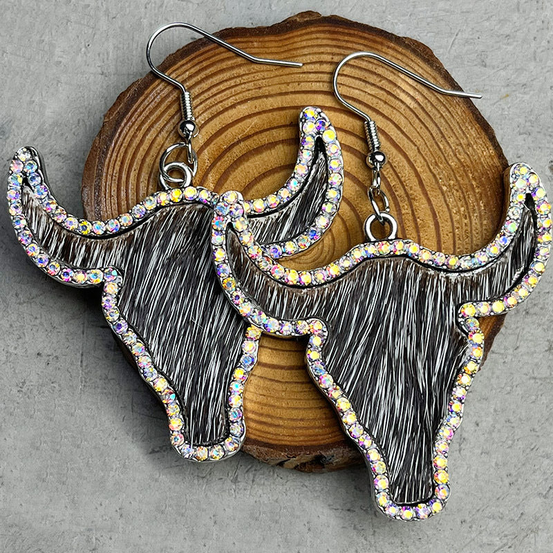 Wholesale 2pcs/ Pack Leather Western Style Rhinestone Bull Head Earrings