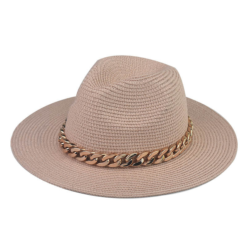 Wholesale Trendy Wide Brim Straw Hat With Gold Chain Decoration Flat Top Khaki Sun Hat For Summer Casual Wear