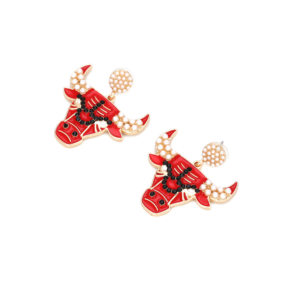 Wholesale Exaggerated Enamel Pearl Bull Head Earrings