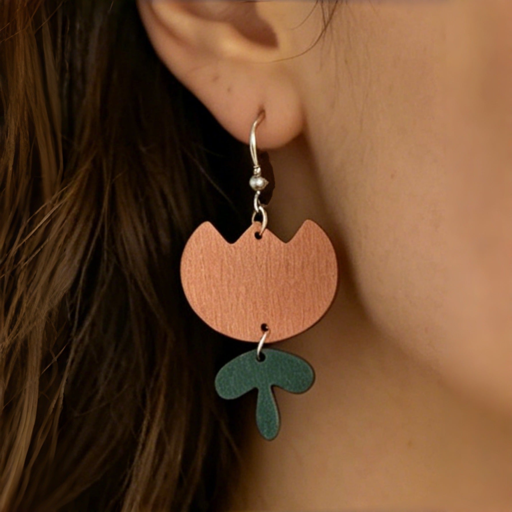 Wholesale Wooden Tulip Earrings Two-Layer with Green Leaves Forest Style Fashion Accessory Party Gift