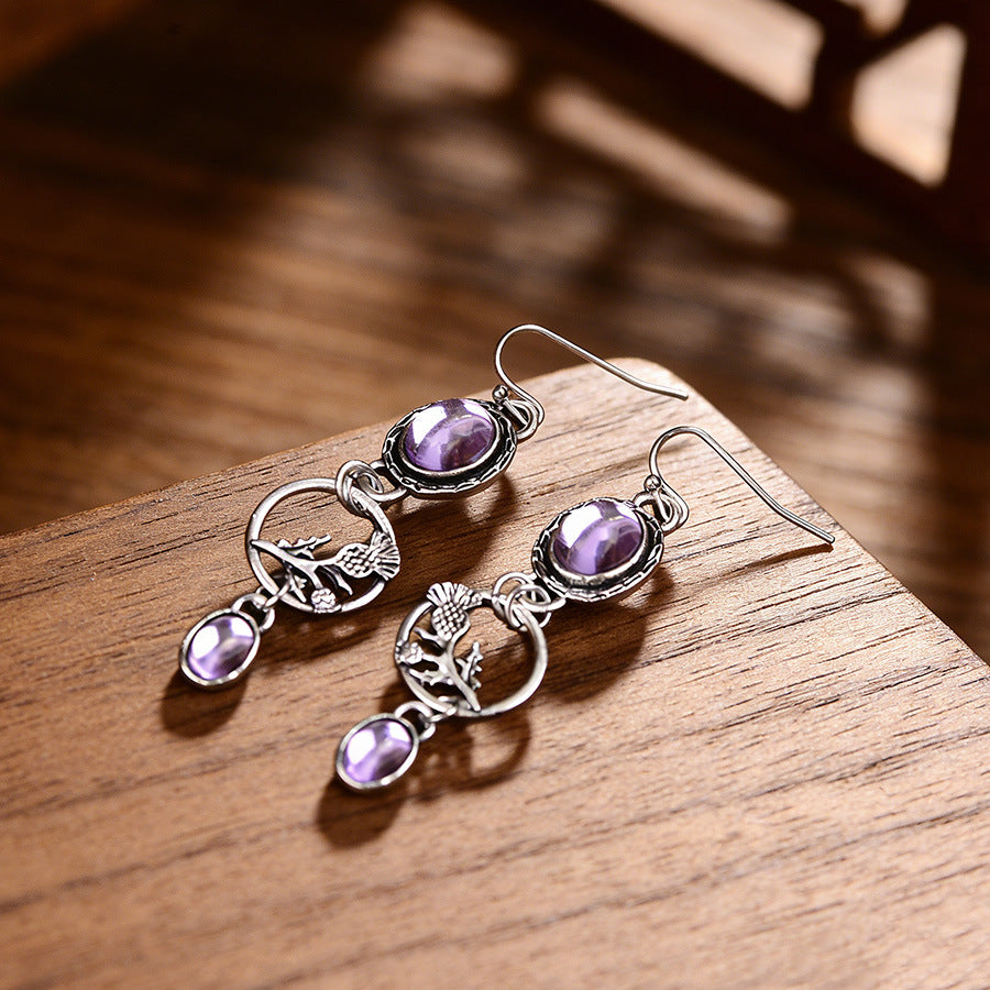 Wholesale European and American Fashion Noble and Mysterious Purple Gemstone Pendant Geometric Branch Circle Earrings Elegant Vintage Earrings