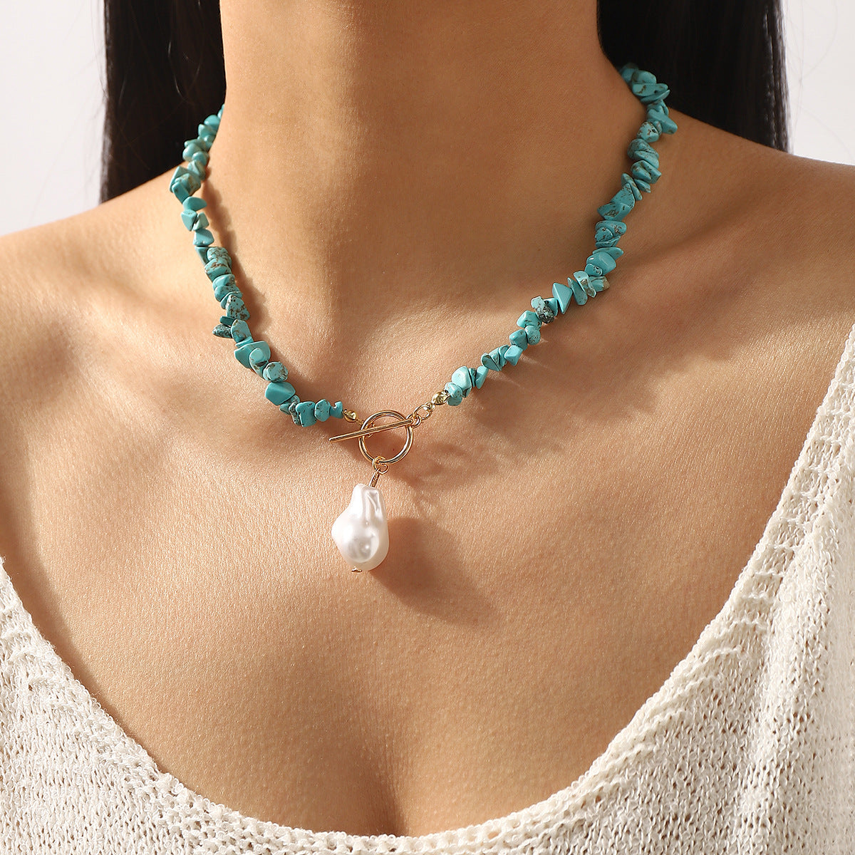 Wholesale Design Special-Shaped Pearl Pendant Ot Buckle Necklace Retro Ethnic Style Fashion Green Turquoise Bracelet