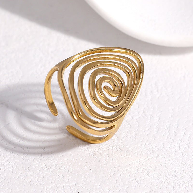 Wholesale Geometric Spiral Adjustable Open Ring Stainless Steel Gold Plated Wide Band Jewelry Accessory