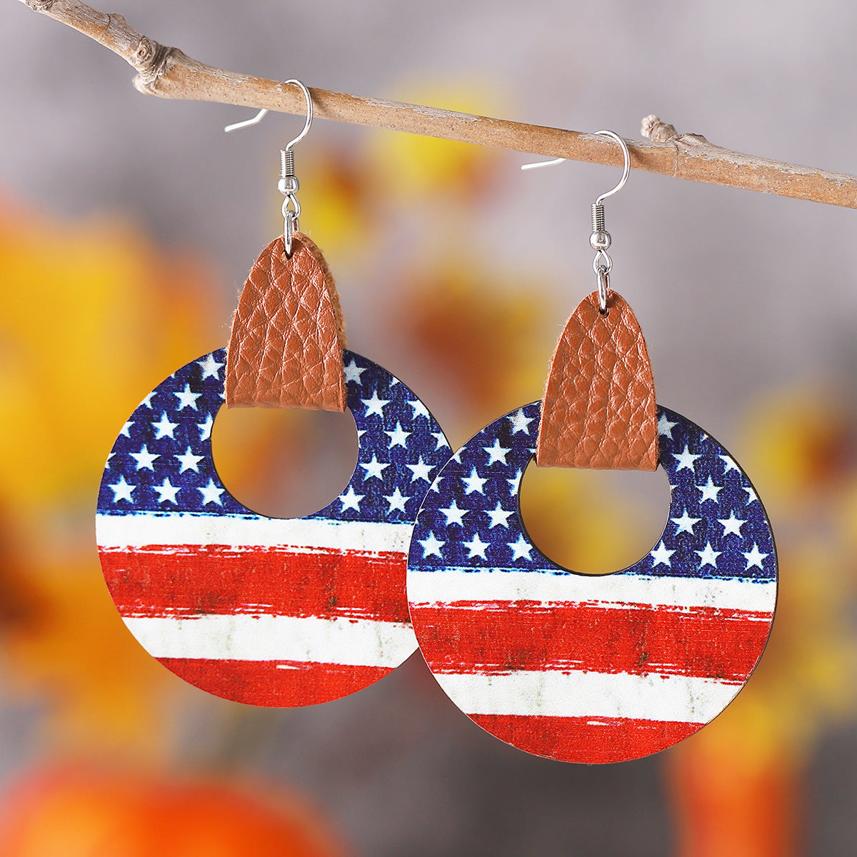 Wholesale of American Independence Day Red, White, Blue Striped Star Ice Cream Patchwork Wooden Double-sided Earrings ACC-ES-ChuLian009