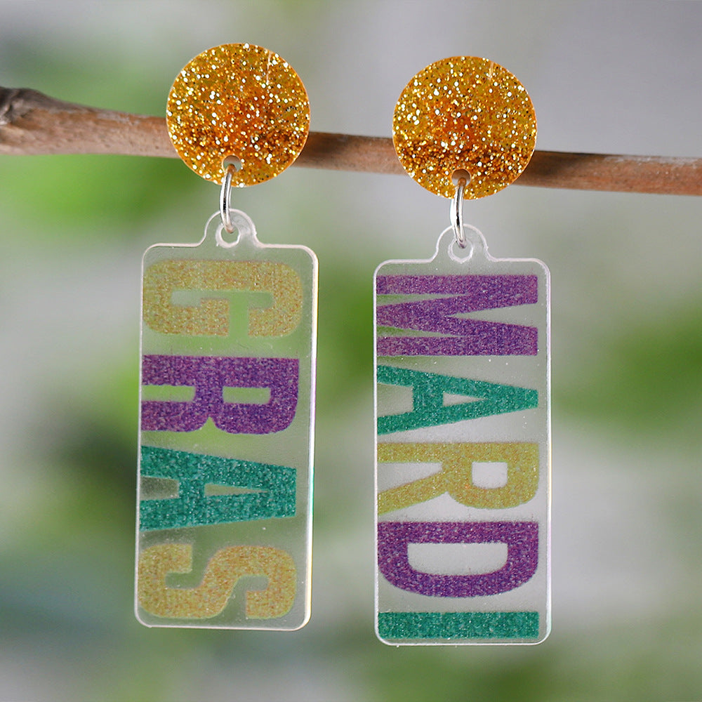 Wholesale Mardi Gras Letter Pendant Acrylic Earrings