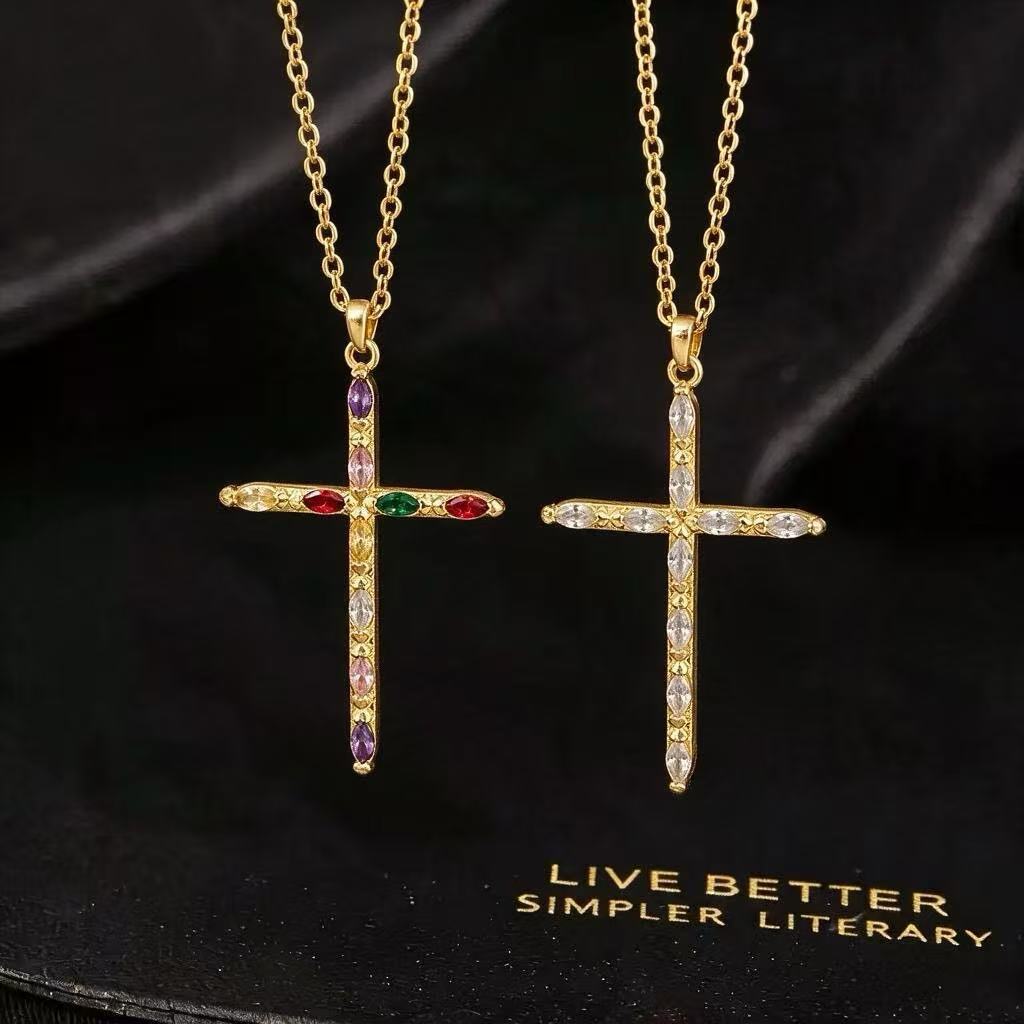 Wholesale Copper Zircon Cross Pendant Necklace Hip Hop Punk Fashion Accessory Gift