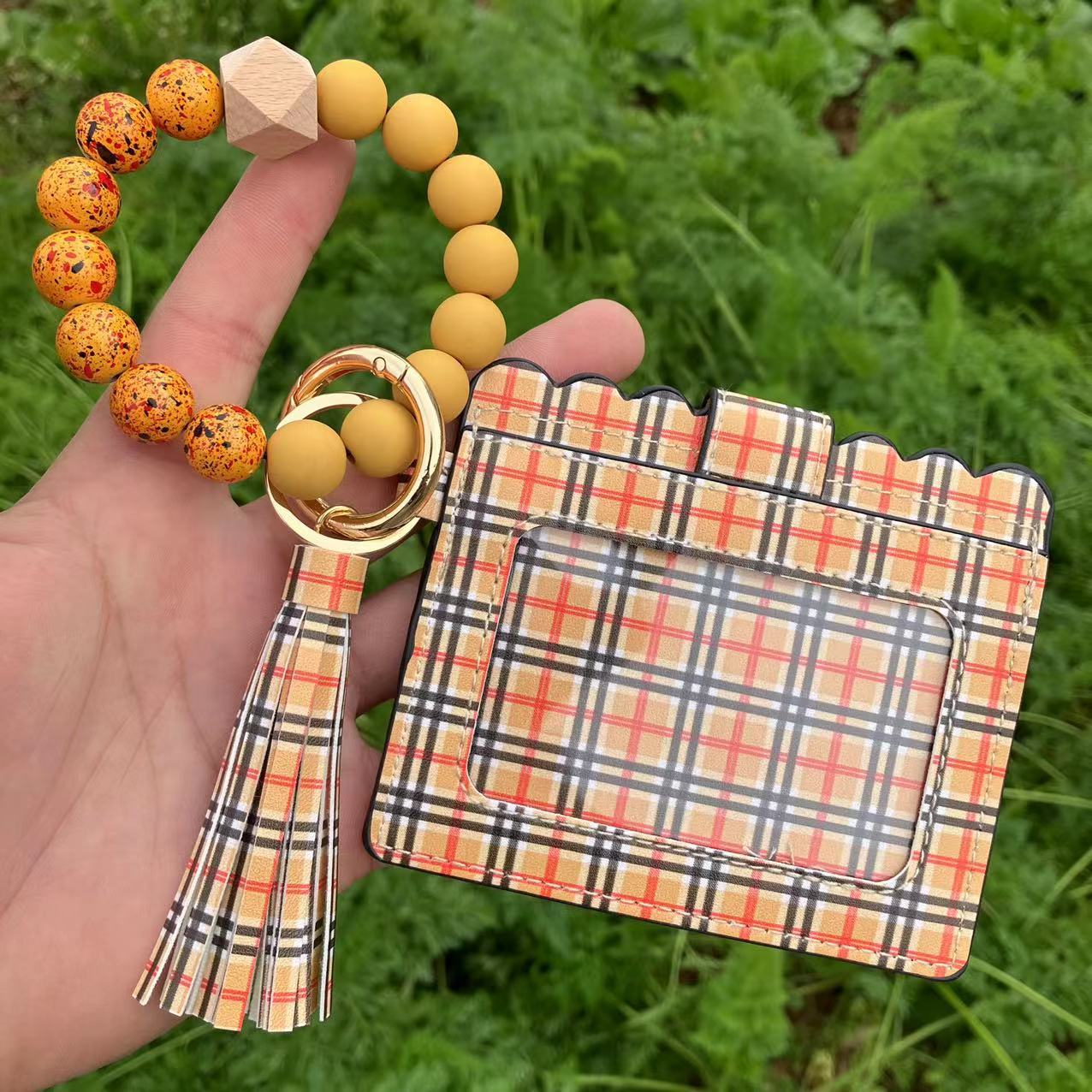 Wholesale Butterfly Leopard Cactus Tie Dye Card Holder Silicone Beaded Wristlet Keychain ACC-KC-QiuXue015