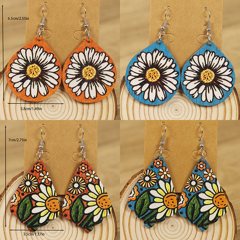 Wholesale Western Distressed Style Sunflower Daisy Print Water Drop Rhombus Geometric Wooden Earrings