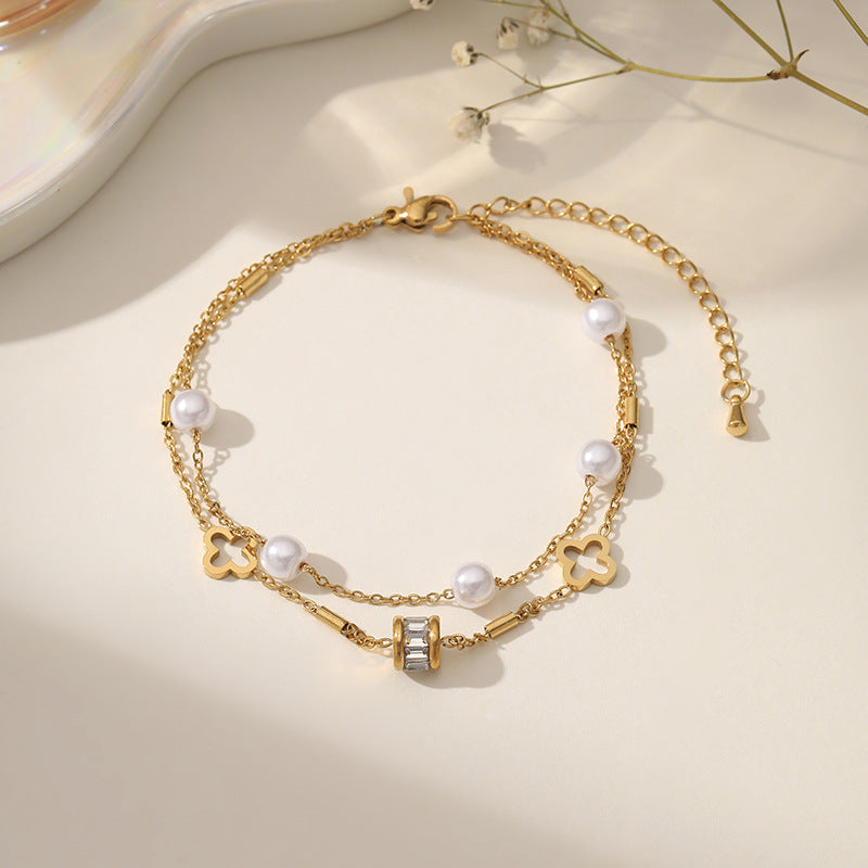 Wholesale Fashion Transfer Beads Pearl Hollow Flower Zircon Double-Layer Bracelet Titanium Steel Boutique Resale Fashion Accessory