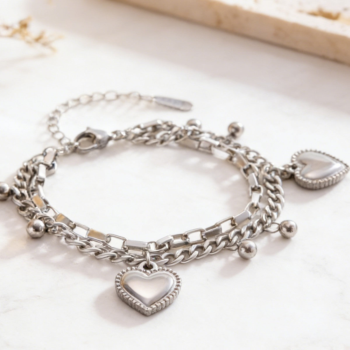 Wholesale Stainless Steel Electroplated Heart Double Layer Bracelet Women' s Fashion Accessory