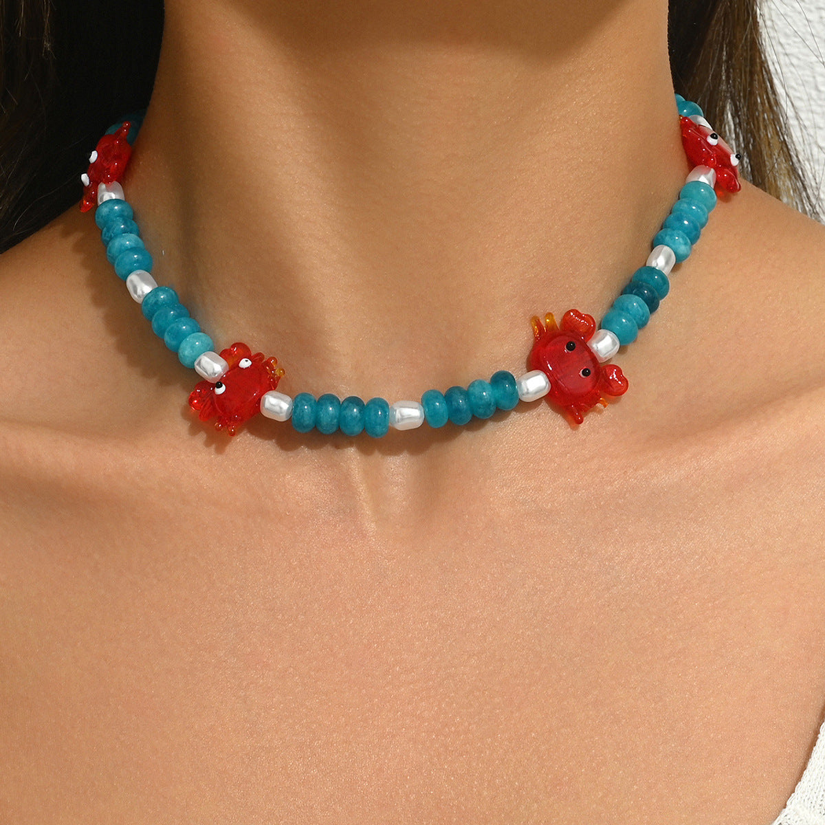 Wholesale Ocean Style Crab Necklace Blue Natural Stone Pearl Beaded Bohemian Style Clavicle Necklace