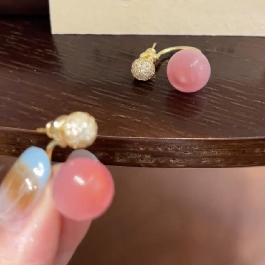 Wholesale Pink Cat's Eye Front and Back Silver Needle Earrings