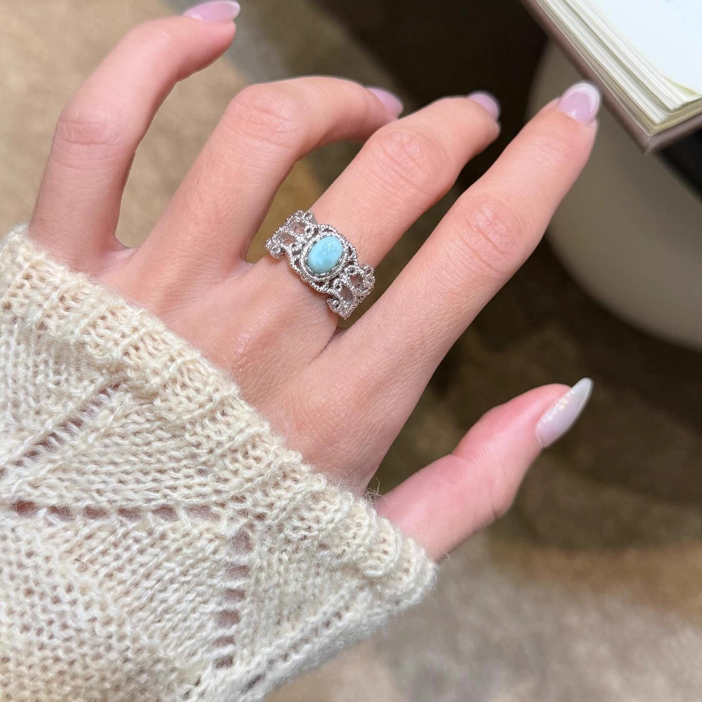 Wholesale Geometric Lace Turquoise Ring,  Copper Adjustable,  Women' s Everyday Jewelry Accessory
