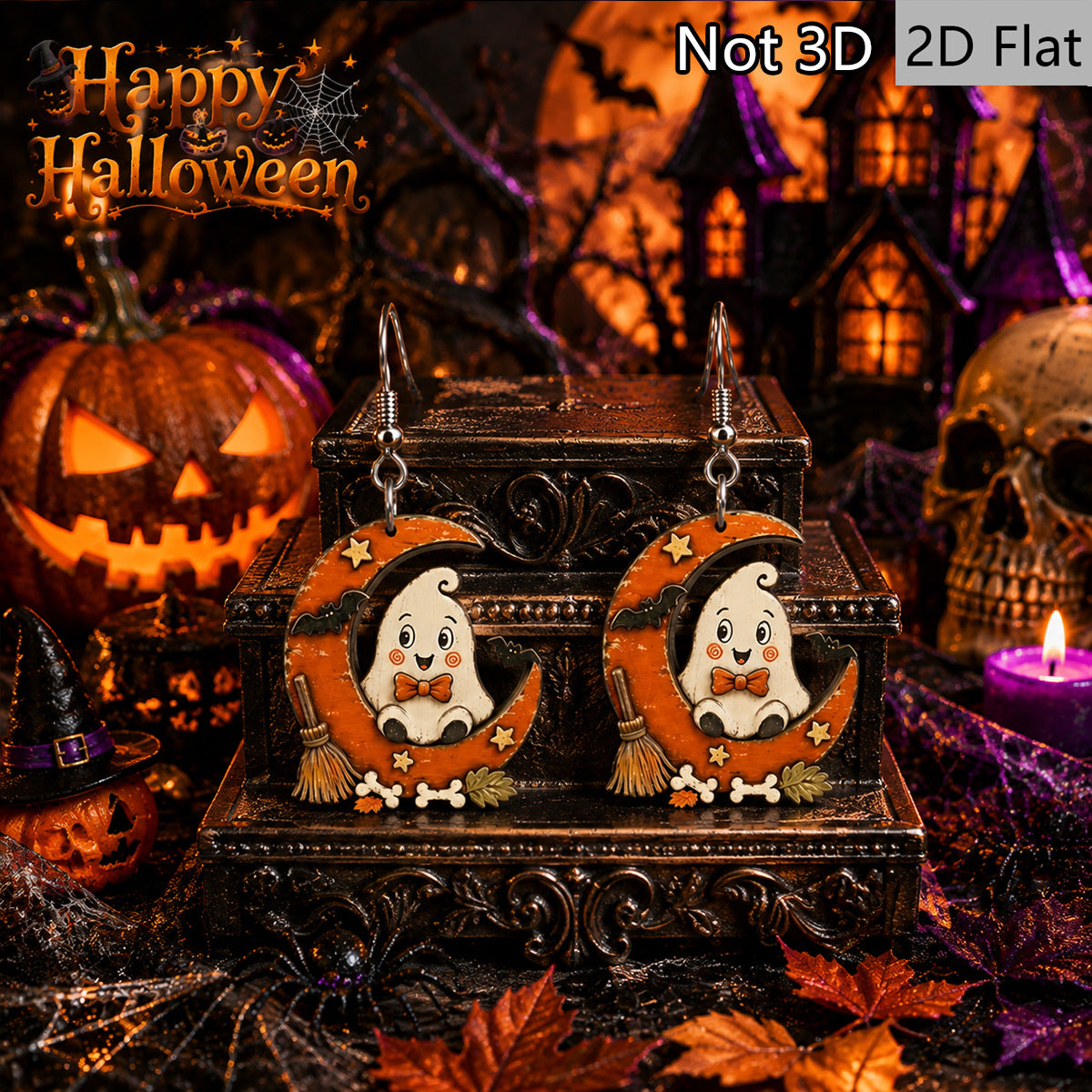 Wholesale Wooden  Earrings Cute Moon Ghost Bat Bone Design Party Fashion Accessory