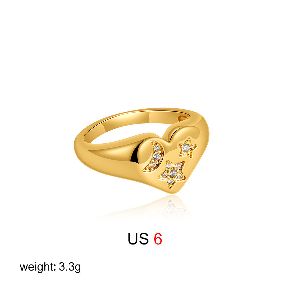 Wholesale  18K Gold Inlaid Zircon Love Ring Star Moon Tail Ring Double Heart-shaped Open Ring