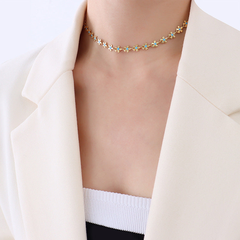 Wholesale 18k Gold Plated Flower Blue Oil Drop Necklace Bracelet Titanium Steel ACC-NE-MiLi005