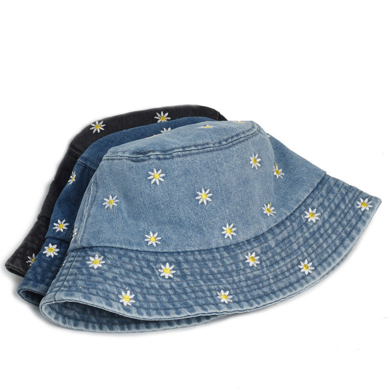 Wholesale Daisy flower bucket hat vintage distressed denim bucket hat