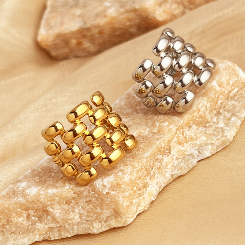 Wholesale  18k gold stainless steel titanium steel ring French fishtail stripe rhombus pattern open finger ring women